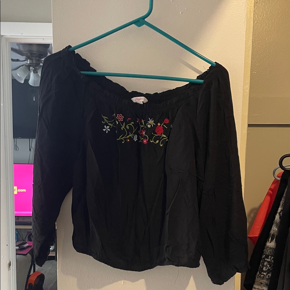 Candie's Black Floral Embroidered Blouse